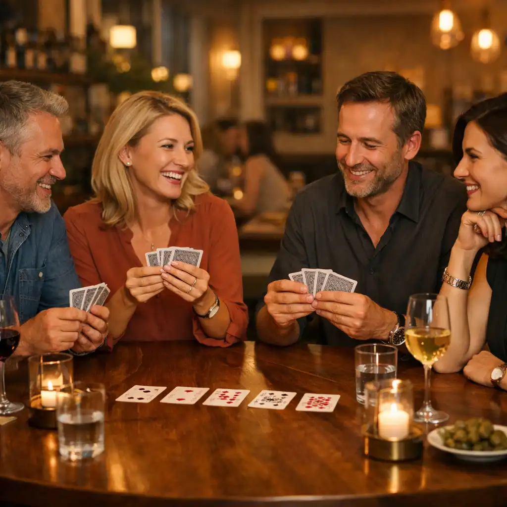 Přátelé u stolu během offline pokerového večera v restauraci Akce v Česku