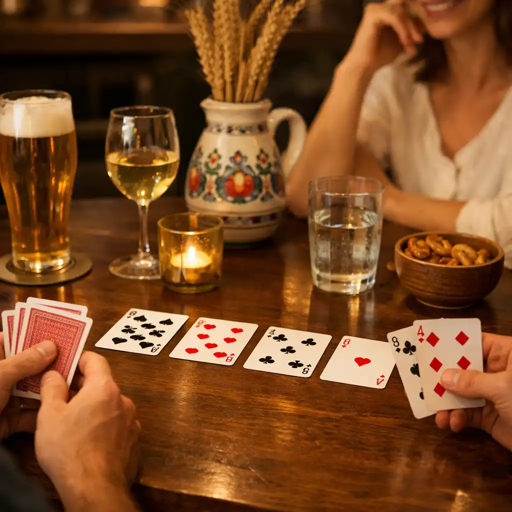 Stylově prostřený stůl s kartami a žetony připravený pro společenský poker v restauraci