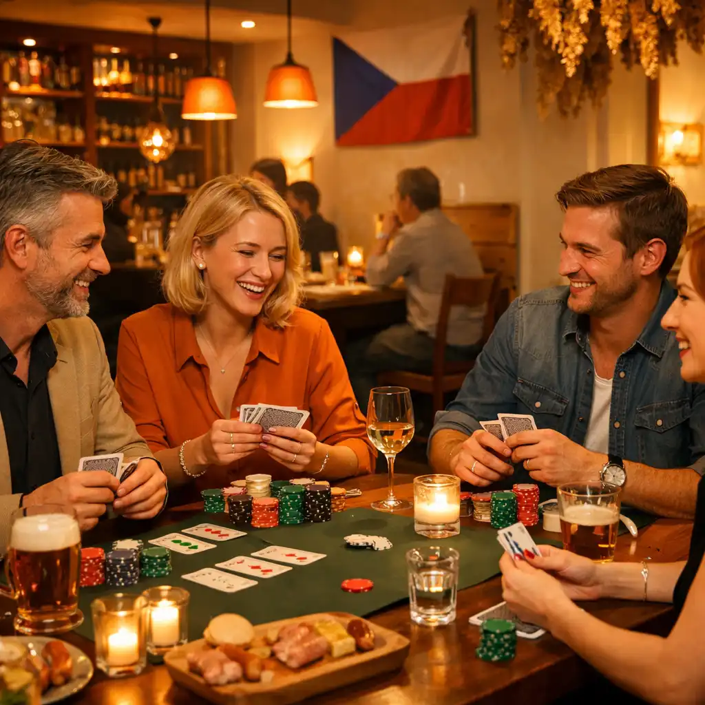 Přátelská atmosféra a společenský večer s kartami a nápoji v restauraci