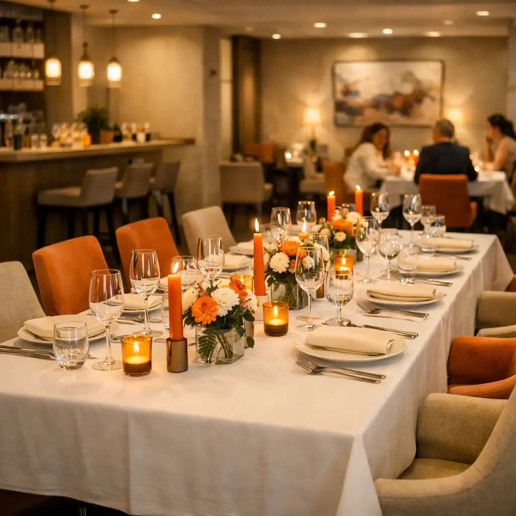 Elegantně prostřený stůl pro soukromou večeři v moderní pražské restauraci