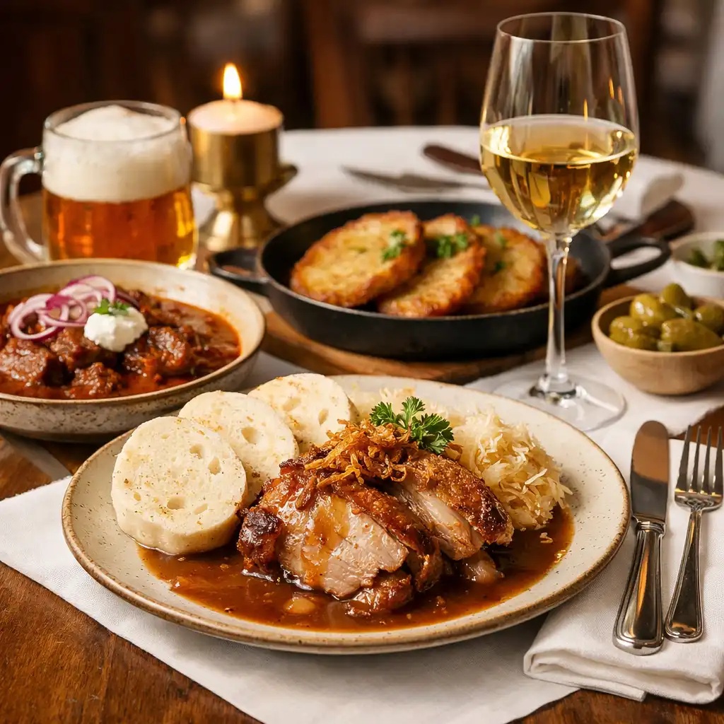 Elegantně prostřený stůl s pokrmy z menu restaurace Akce v Česku