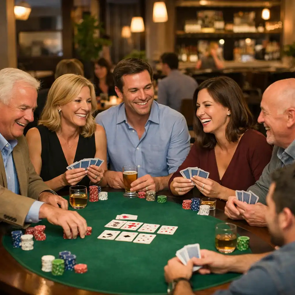 Skupina přátel u stolu během společenského pokerového večera v restauraci