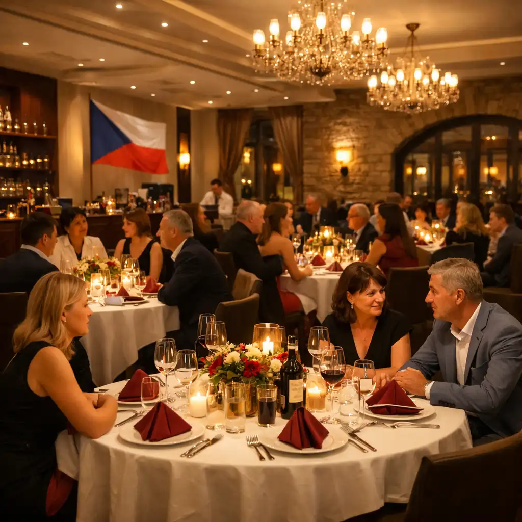 Elegantně nasvícený prostor restaurace Akce v Česku během tematického večera